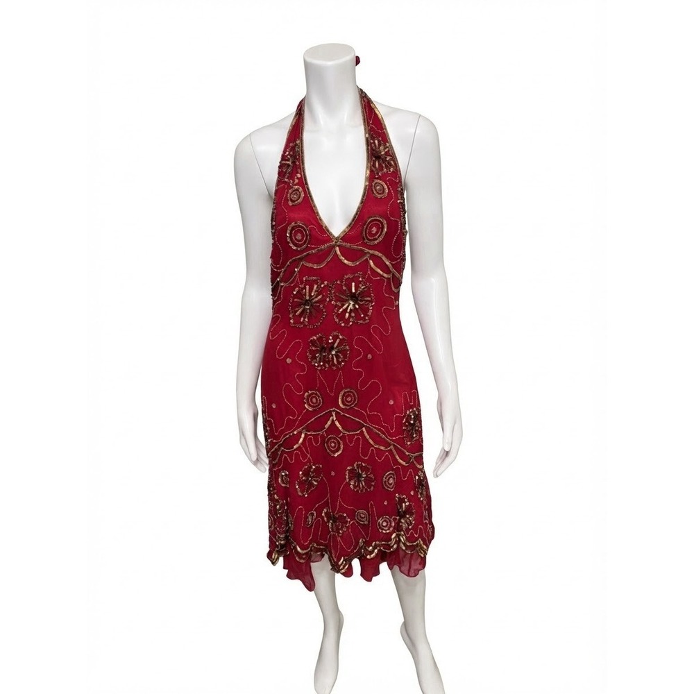Vtg Adrianna Papell Beaded Halter Dress 8 Red Y2K Fairy Knee Length Silk